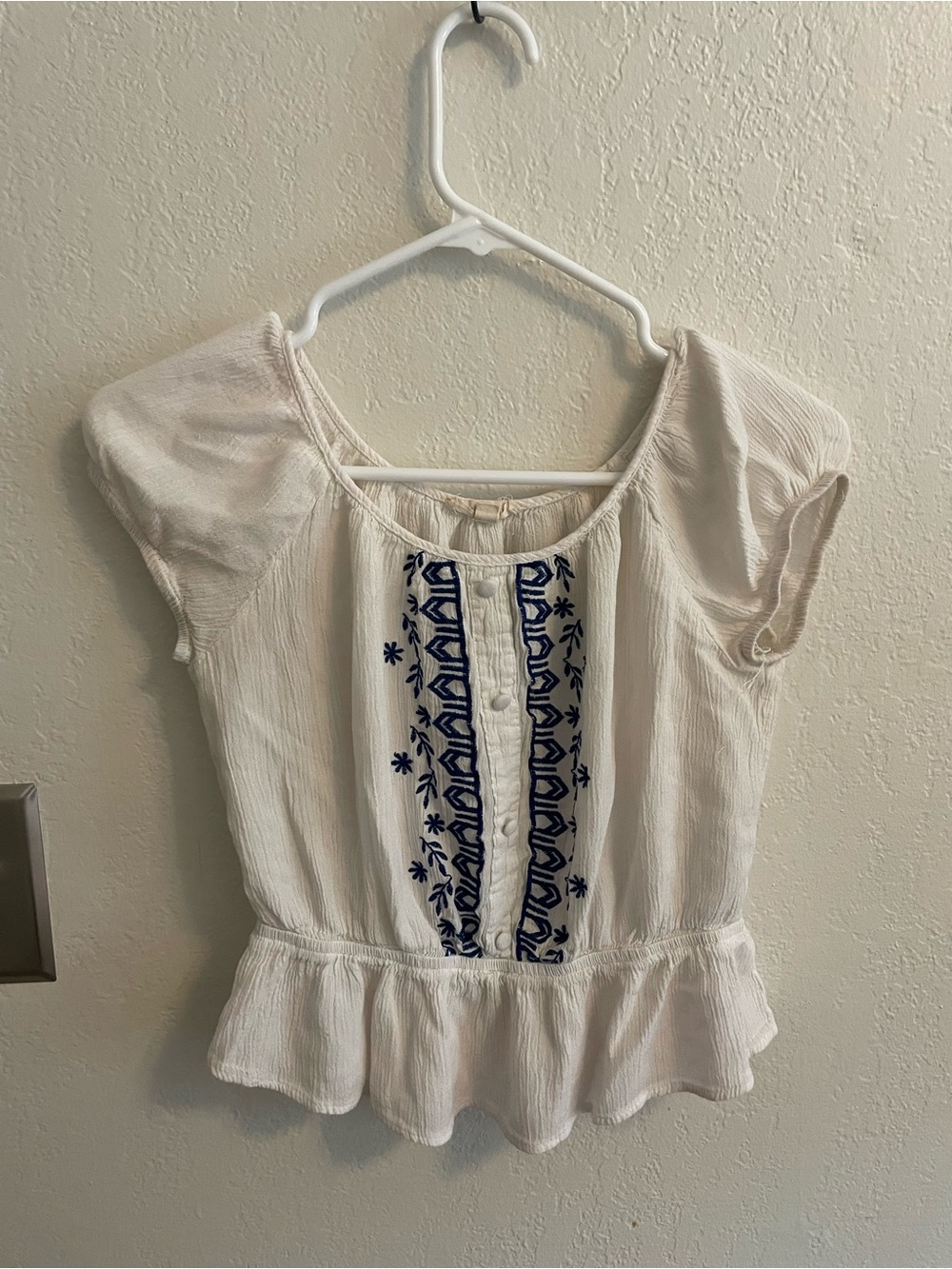 White Peplum Embroidered Short Sleeve Blouse with Blue Detail